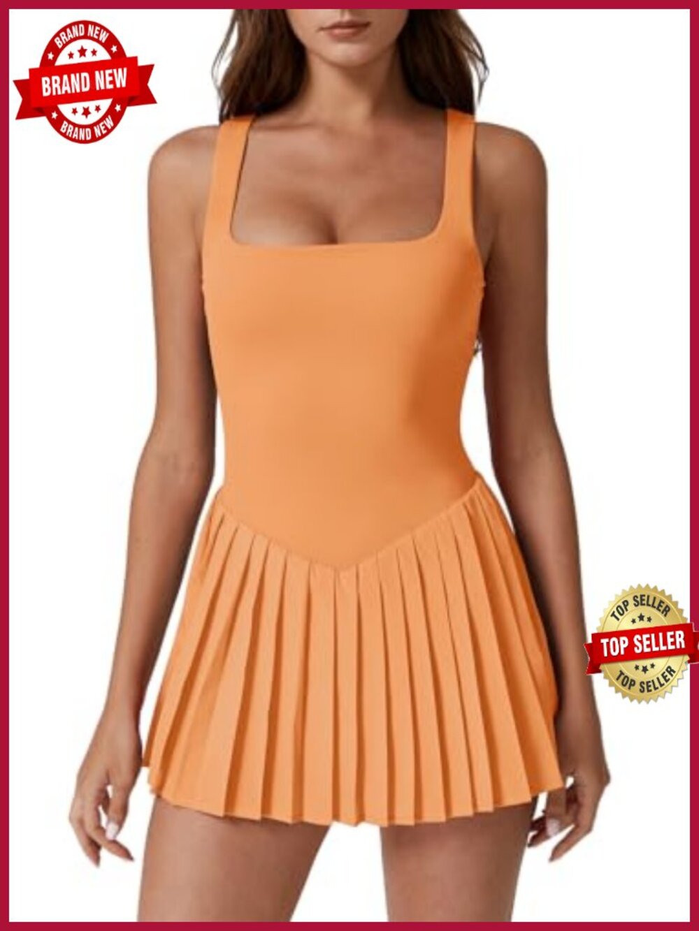 Square Neck Tennis Dress with Built-in Shorts & Pockets, Pleated Sleeveless